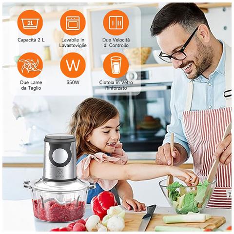 Tritacarne Elettrico, Facelle 2l Tritatutto Elettrico Per Alimenti 350 W Con Contenitore Da 2 Lame Affilate Per Carne, Verdure, Frutta, Noci E Alimenti Per Bambini - Foto 4