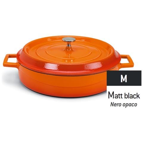 Casseruola Bassa In Ghisa Smaltata Cocotte Completa Di Coperchio Nero Opaco - Diametro Cm 24 - Altezza Cm 6-capacità Lt 2,4 - Foto 1