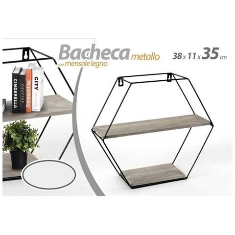 Trade Shop - Bacheca Porta Oggetti Metallo Esagonale Parete 2 Mensole Legno 38x11x35cm 751998 - Foto 1