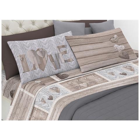 Completo Lenzuola Linea Pensieri Delicati 100% Cotone Disegno Shabby Love Piazza E Mezza Beige - Foto 1