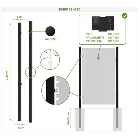 Set 2 Pali In Ferro Dario 6x6cm H. 230cm Nero Opaco - Foto 8