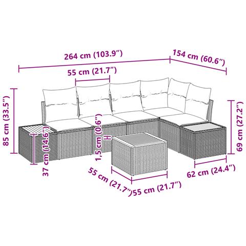 Set di Divano da Giardino a 6 Pezzi con Cuscini Neri in Polyrattan - Foto 9