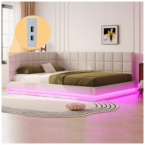 Divano Letto Imbottito 160x200cm, Letto Multifunzionale Con Luce A Led, Presa Usb E Rete A Doghe, Tessuto Velour, Beige, Senza Materasso - Foto 1