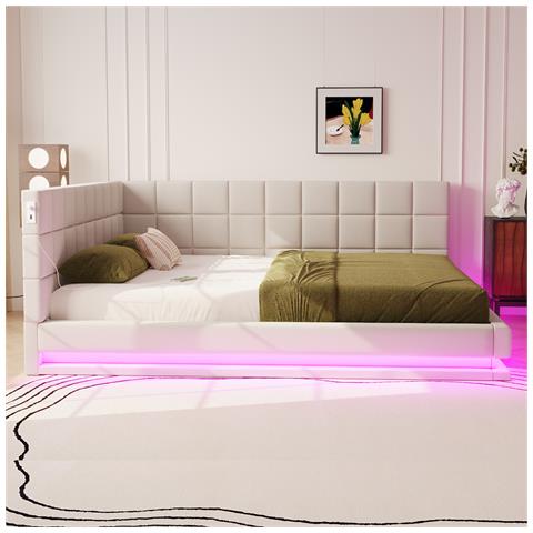 Divano Letto Imbottito 160x200cm, Letto Multifunzionale Con Luce A Led, Presa Usb E Rete A Doghe, Tessuto Velour, Beige, Senza Materasso - Foto 4
