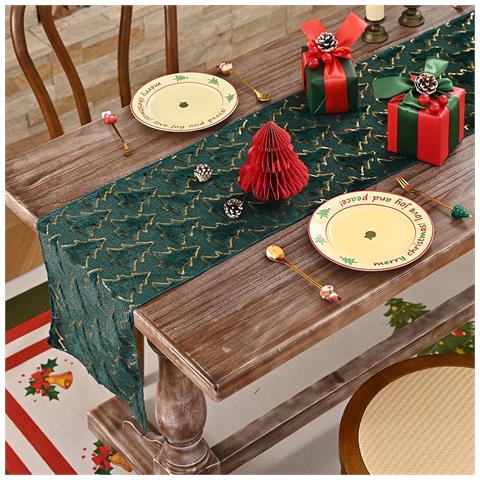 Elegante Runner Da Tavola Con Albero Di Natale E Accenti In Lamina D'oro Per Decorazioni Festive Green M - Foto 2