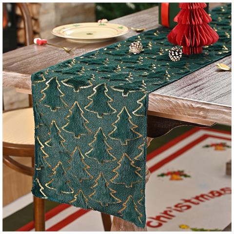 Elegante Runner Da Tavola Con Albero Di Natale E Accenti In Lamina D'oro Per Decorazioni Festive Green M - Foto 6