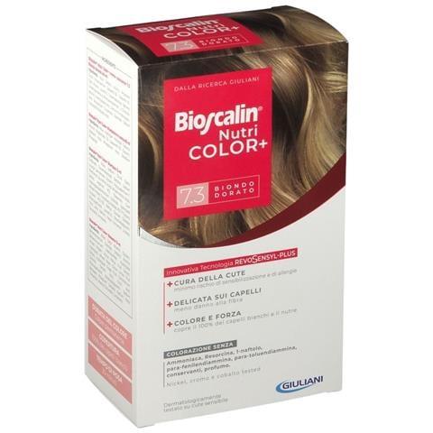 Bioscalin Nutricolor Plus 7,3 Biondo Dorato Crema Colorante 40 ml + Rivelatore Crema 60 ml + Shampoo 12 ml + Trattamento Finale Balsamo 12 ml - Foto 1