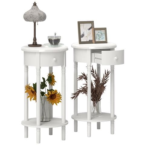 Set 2 Comodini con Cassetto e Ripiano in Legno Stile Contemporaneo, Ø35.5 x 71 cm, Bianco - Foto 1