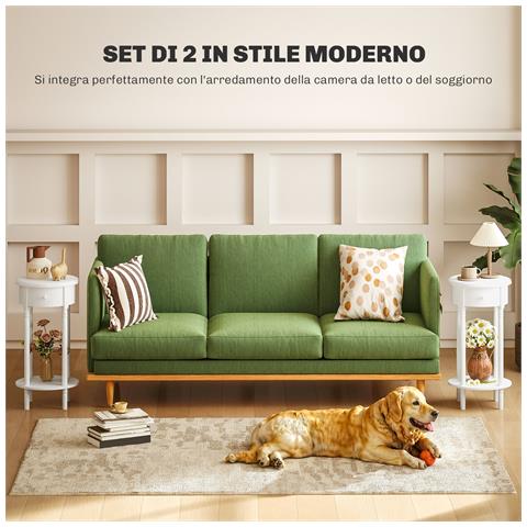 Set 2 Comodini con Cassetto e Ripiano in Legno Stile Contemporaneo, Ø35.5 x 71 cm, Bianco - Foto 2