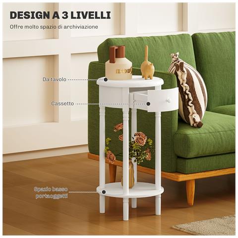 Set 2 Comodini con Cassetto e Ripiano in Legno Stile Contemporaneo, Ø35.5 x 71 cm, Bianco - Foto 6