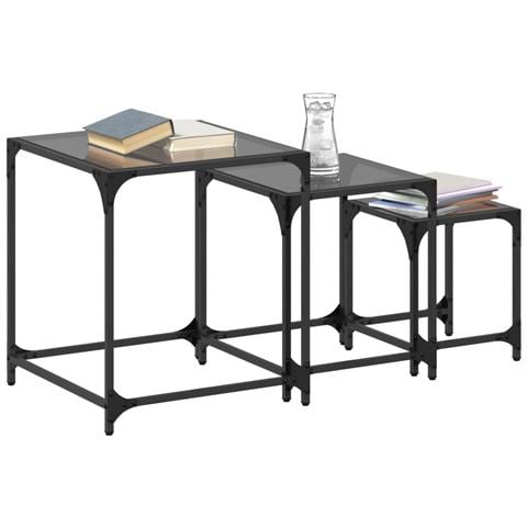 Tavolini Impilabili 3pz Con Piano Vetro Nero In Acciaio - Foto 3