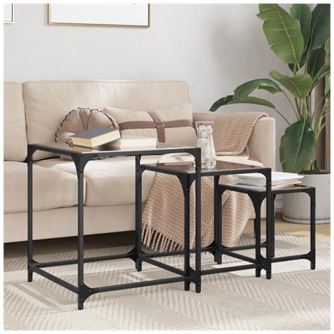 Tavolini Impilabili 3pz Con Piano Vetro Nero In Acciaio - Foto 1