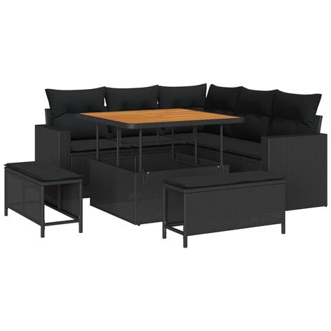 Set di divani da giardino  8 pezzi con cuscini Nero Polyrattan Acacia, Set da pranzo da giardino  3 pezzi con cuscini Nero Polyrattan Acacia - Foto 1