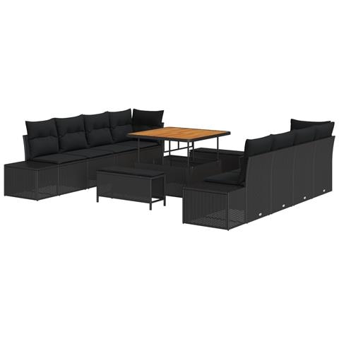 Set di Sofà da Giardino da 11 Pezzi con Cuscini Nero Polyrattan Acacia,  Sofà da Giardino a 2 Posti con Ripostiglio e Cuscini Nero Polyrattan,  Set da Pranzo da Giardino da 3 Pezzi con Cuscini Nero Polyrattan Acacia - Foto 1