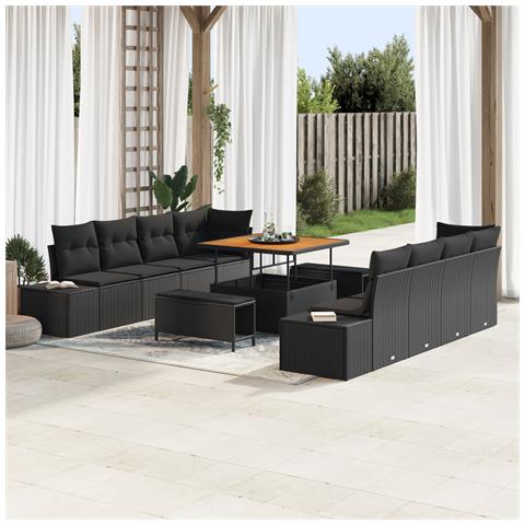 Set di Sofà da Giardino da 11 Pezzi con Cuscini Nero Polyrattan Acacia,  Sofà da Giardino a 2 Posti con Ripostiglio e Cuscini Nero Polyrattan,  Set da Pranzo da Giardino da 3 Pezzi con Cuscini Nero Polyrattan Acacia - Foto 2