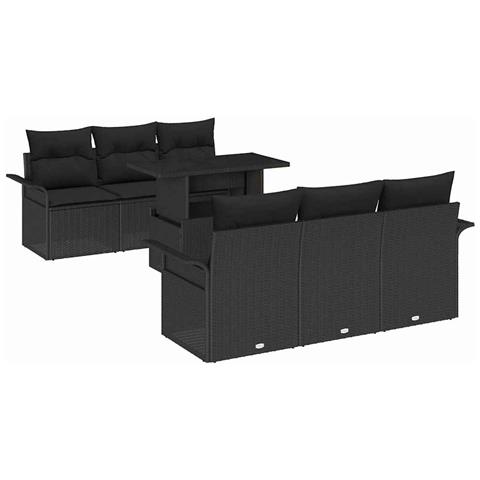 Set Divano da Giardino  7 Pezzi con Cuscini Nero Poly Rattan, Divano da Giardino a 2 posti  con Ripostiglio e Cuscini Nero Poly Rattan - Foto 1