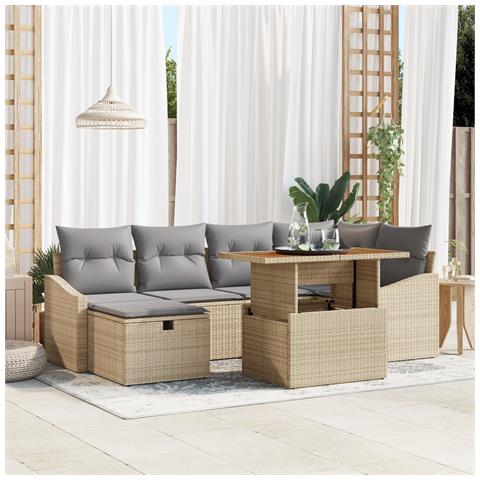 Set Divani Giardino 7 Pezzi con Cuscini Beige Rattan Policarbonato - Foto 2