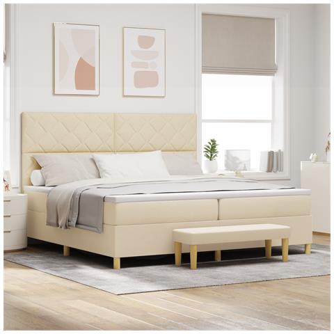 Letto Box Spring con Materasso e Panchina Panna 200x200 cm Tessuto - Foto 2