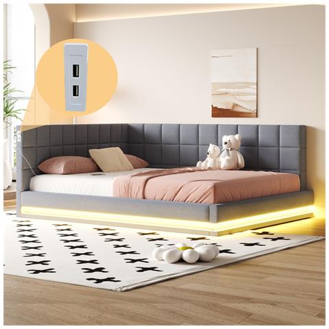 Divano Letto Imbottito 160x200cm, Letto Multifunzionale Con Luce A Led, Presa Usb E Rete A Doghe, Tessuto Velour, Grigio, Senza Materasso - Foto 1