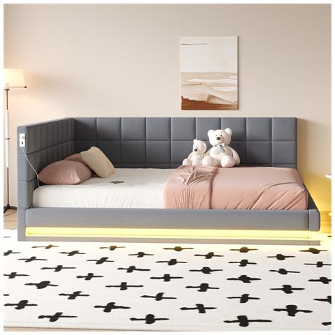 Divano Letto Imbottito 160x200cm, Letto Multifunzionale Con Luce A Led, Presa Usb E Rete A Doghe, Tessuto Velour, Grigio, Senza Materasso - Foto 2