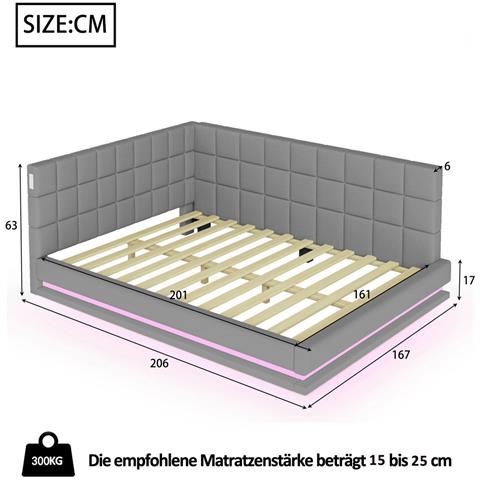 Divano Letto Imbottito 160x200cm, Letto Multifunzionale Con Luce A Led, Presa Usb E Rete A Doghe, Tessuto Velour, Grigio, Senza Materasso - Foto 4