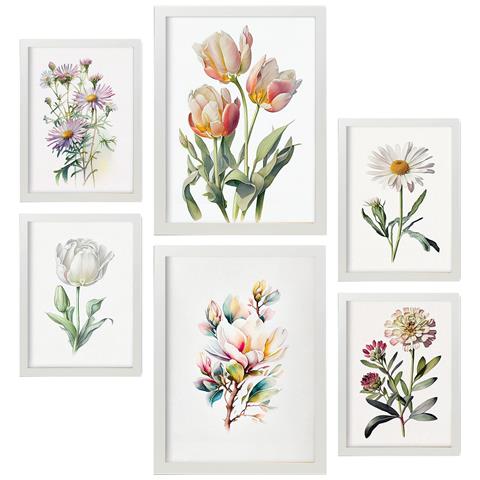 Set Di 6 Stampe Fiori Pastello Stampe Naturalistiche E Botaniche A Colori Con Motivi Floreali Su Sfondi Bianchi Puri A3 & A4 Cornice Bianca - Foto 1