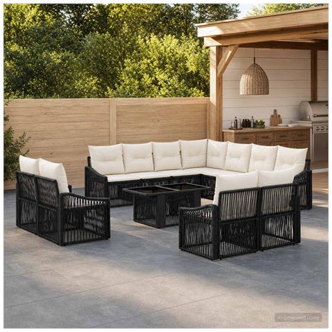Set Divano da Giardino 12 pz Nero e Bianco Crema polyrattan - Foto 2