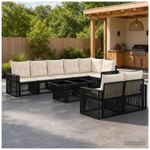 Set Divano da Giardino 9 pz Nero e Bianco Crema polyrattan - Foto 10
