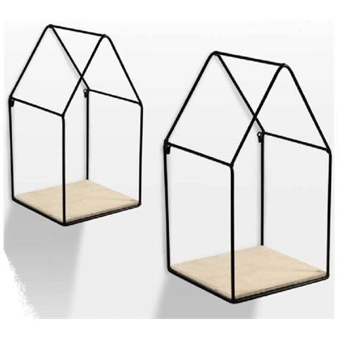 Trade Shop - Set 2 Pz Mensole Parete Casa Mensola Legno Bacheca Metallo Nero H36/30 Cm 751714 - Foto 1