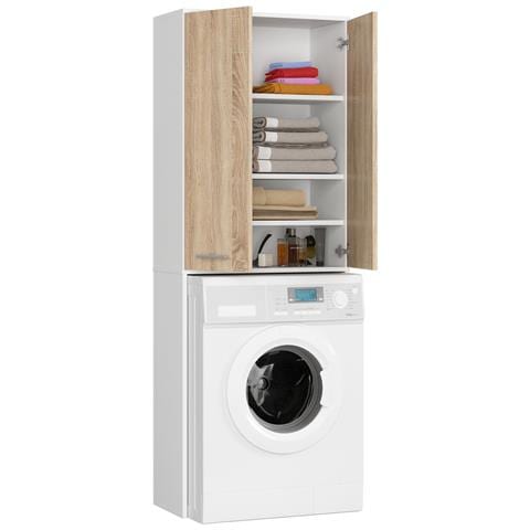 Mobile Alto, Collona da Bagno FIN per Lavatrice, 2 ante, 64x30x180 cm, Colore Bianco e Sonoma Quercia - Foto 2