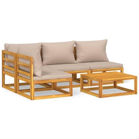 Set Salotto da Giardino 5pz con Cuscini Tortora Legno Massello - Foto 1