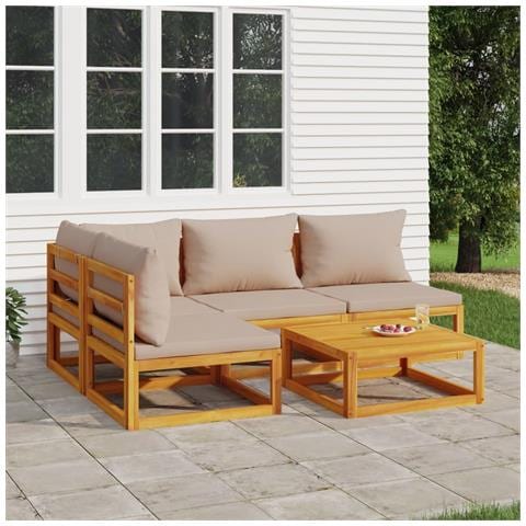 Set Salotto da Giardino 5pz con Cuscini Tortora Legno Massello - Foto 8