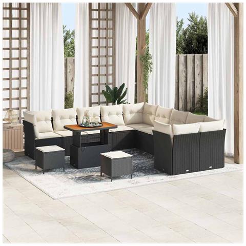 Set di Sofà da Giardino da 13 Pezzi con Cuscini Nero Rattan Polimerico Acacia,  Set da Pranzo da Giardino da 3 Pezzi con Cuscini Nero Rattan Polimerico Acacia - Foto 2