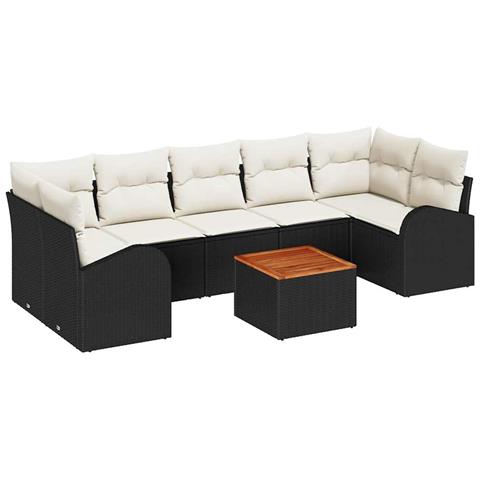 Set Divano Giardino  8 Pezzi con Cuscini Nero Polirattan Acacia, Divano Giardino Due Posti  con Ripostiglio e Cuscini Nero Polirattan - Foto 1
