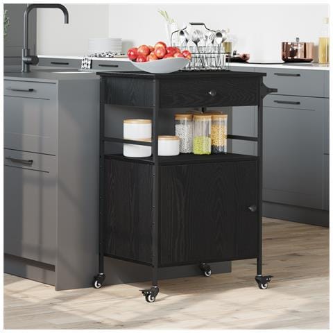 Carrello da Cucina Rovere Nero 56x43x89,5 cm Legno Ingegnerizzato - Foto 2