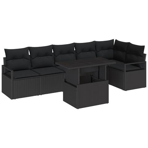 Set di Divani da Giardino da 7 Pezzi con Cuscini Nero in Rattan Polietilene, Divano da Giardino da 2 Posti con Cuscini Nero in Rattan Polietilene - Foto 1