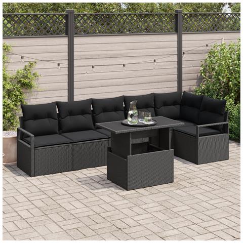 Set di Divani da Giardino da 7 Pezzi con Cuscini Nero in Rattan Polietilene, Divano da Giardino da 2 Posti con Cuscini Nero in Rattan Polietilene - Foto 2