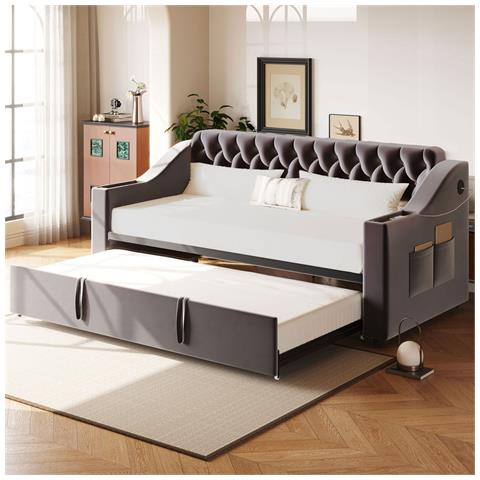 Letto Imbottito 90/180x190 Cm, Braccioli Con Punto Di Ricarica Usb E Ripiano Integrato, Divano Letto Con Tasche Portaoggetti E Rete A Doghe, Tessuto Velour, Grigio Scuro, Senza Materasso - Foto 1