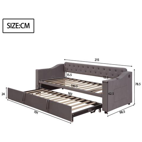 Letto Imbottito 90/180x190 Cm, Braccioli Con Punto Di Ricarica Usb E Ripiano Integrato, Divano Letto Con Tasche Portaoggetti E Rete A Doghe, Tessuto Velour, Grigio Scuro, Senza Materasso - Foto 2