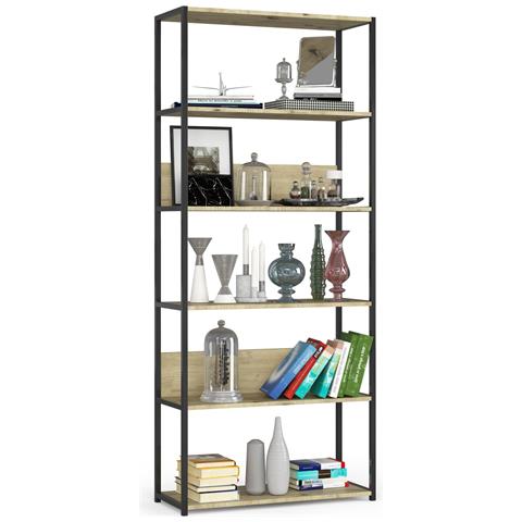 Scaffale stile loft con ripiani in legno, 6 ripiani, 80x32x192 cm, Colore Nero e Quarcia Artisan - Foto 1