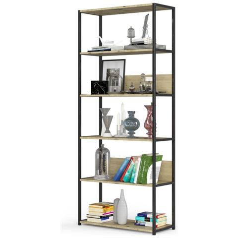 Scaffale stile loft con ripiani in legno, 6 ripiani, 80x32x192 cm, Colore Nero e Quarcia Artisan - Foto 2