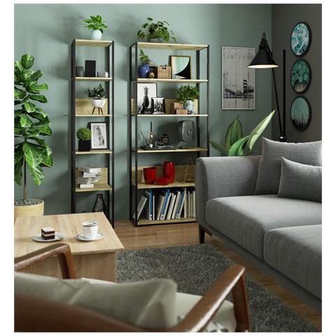 Scaffale stile loft con ripiani in legno, 6 ripiani, 80x32x192 cm, Colore Nero e Quarcia Artisan - Foto 8