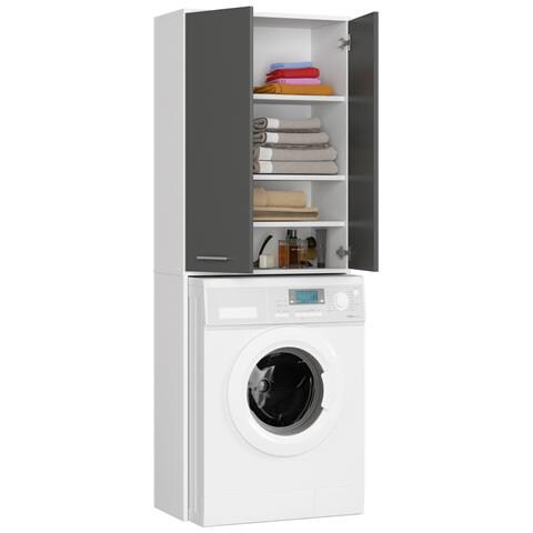 Mobile Alto, Collona da Bagno FIN per Lavatrice, 2 ante, 64x30x180 cm, Colore Bianco e Grigio Grafite - Foto 2