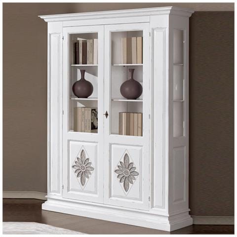 Vetrina 2 Porte In Legno Intagliata Shabby Bianco L. 155 X P. 48 H. 215 - Foto 1