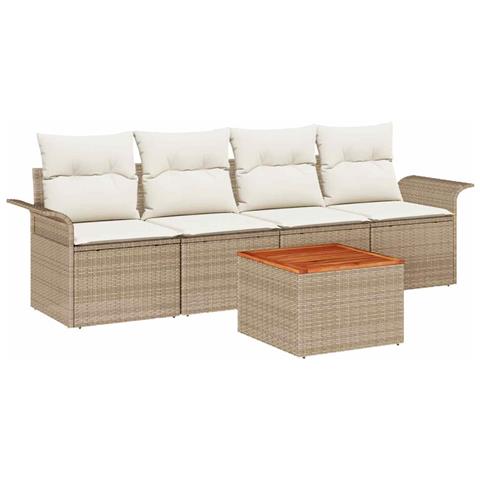 Set di Sofà da Giardino da 5 Pezzi con Cuscini Beige in Rattan Polietilene Acacia - Foto 1