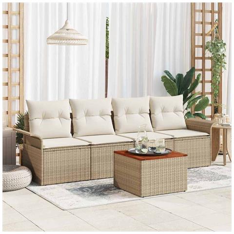 Set di Sofà da Giardino da 5 Pezzi con Cuscini Beige in Rattan Polietilene Acacia - Foto 2