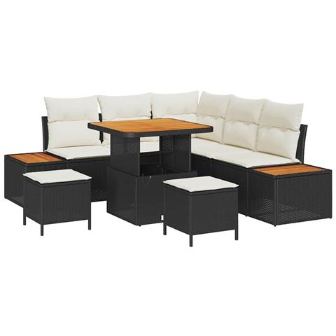 Set Divano Giardino  8 Pezzi con Cuscini Nero Polyrattan Acacia, Set pranzo giardino  3 Pezzi con Cuscini Nero Polyrattan Acacia - Foto 1