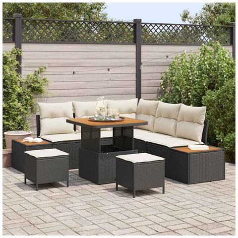 Set Divano Giardino  8 Pezzi con Cuscini Nero Polyrattan Acacia, Set pranzo giardino  3 Pezzi con Cuscini Nero Polyrattan Acacia - Foto 2