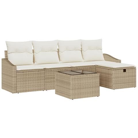 Set Divani Giardino 6 Pezzi con Cuscini Beige Rattan Poliestere - Foto 1