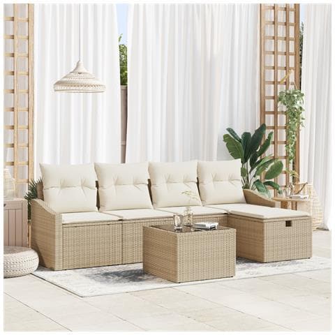 Set Divani Giardino 6 Pezzi con Cuscini Beige Rattan Poliestere - Foto 2